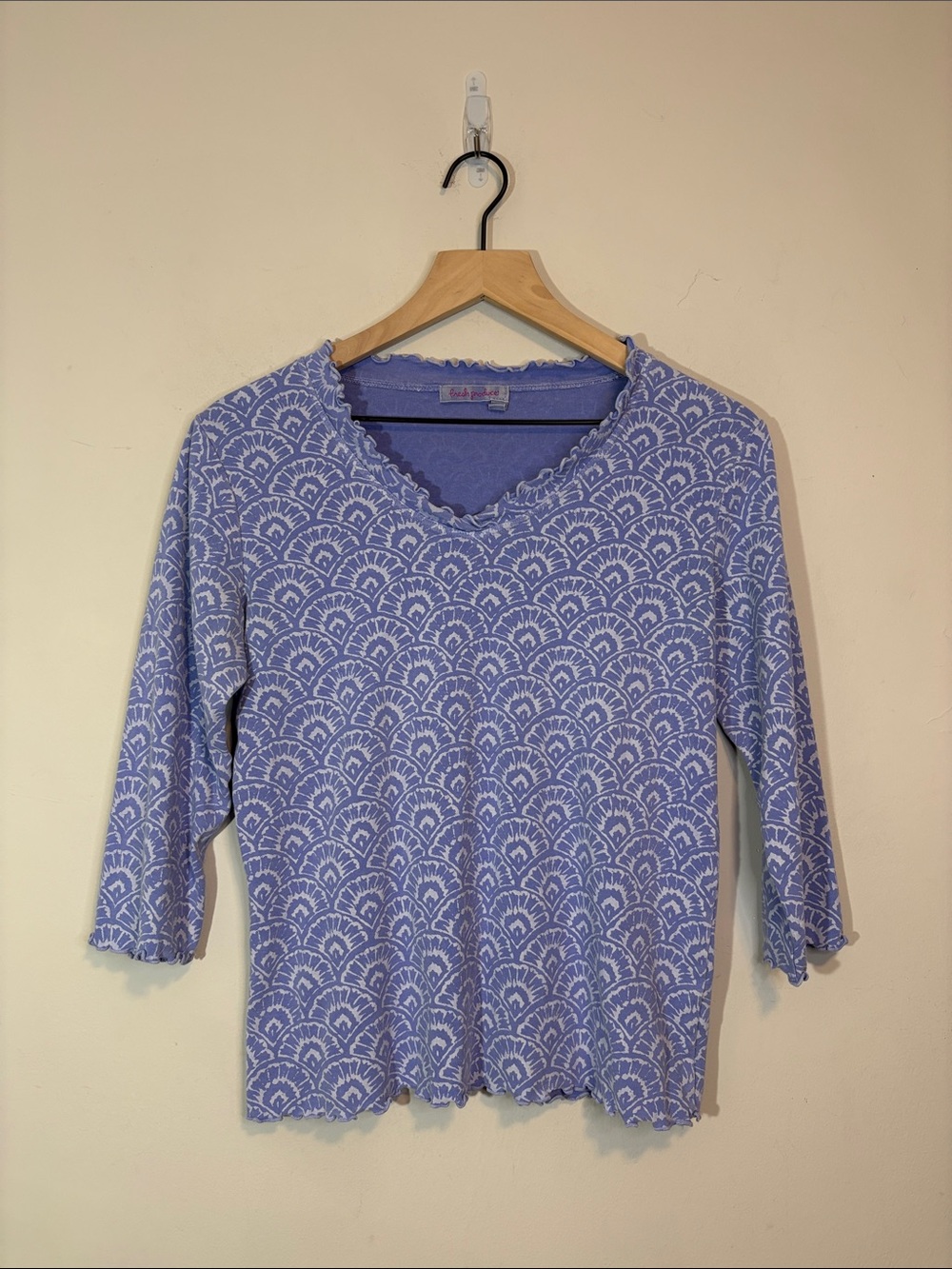 Fresh Produce 100% Cotton 3/4 Quarter Sleeve Lettuce Hem Ruffle Rolled Edge Tee